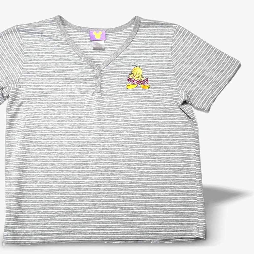 Disney Kids Henley Shirt Tweety Bird Embroidered Winnie the Pooh Grey White Med